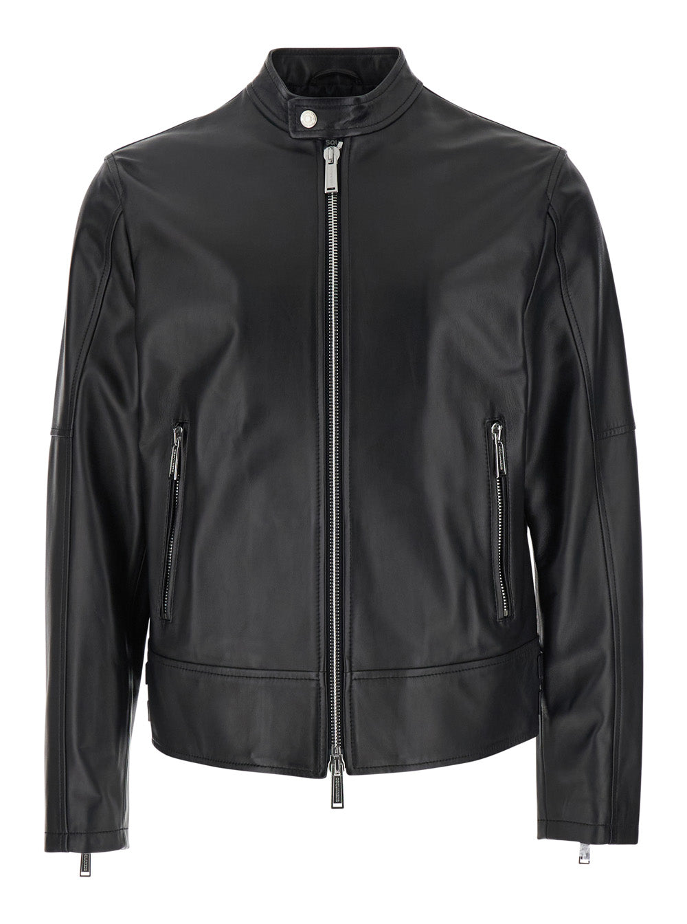 Black Biker Jacket With Mandarin Collar And Waist Straps Leather Man Polyvinyl Chloride