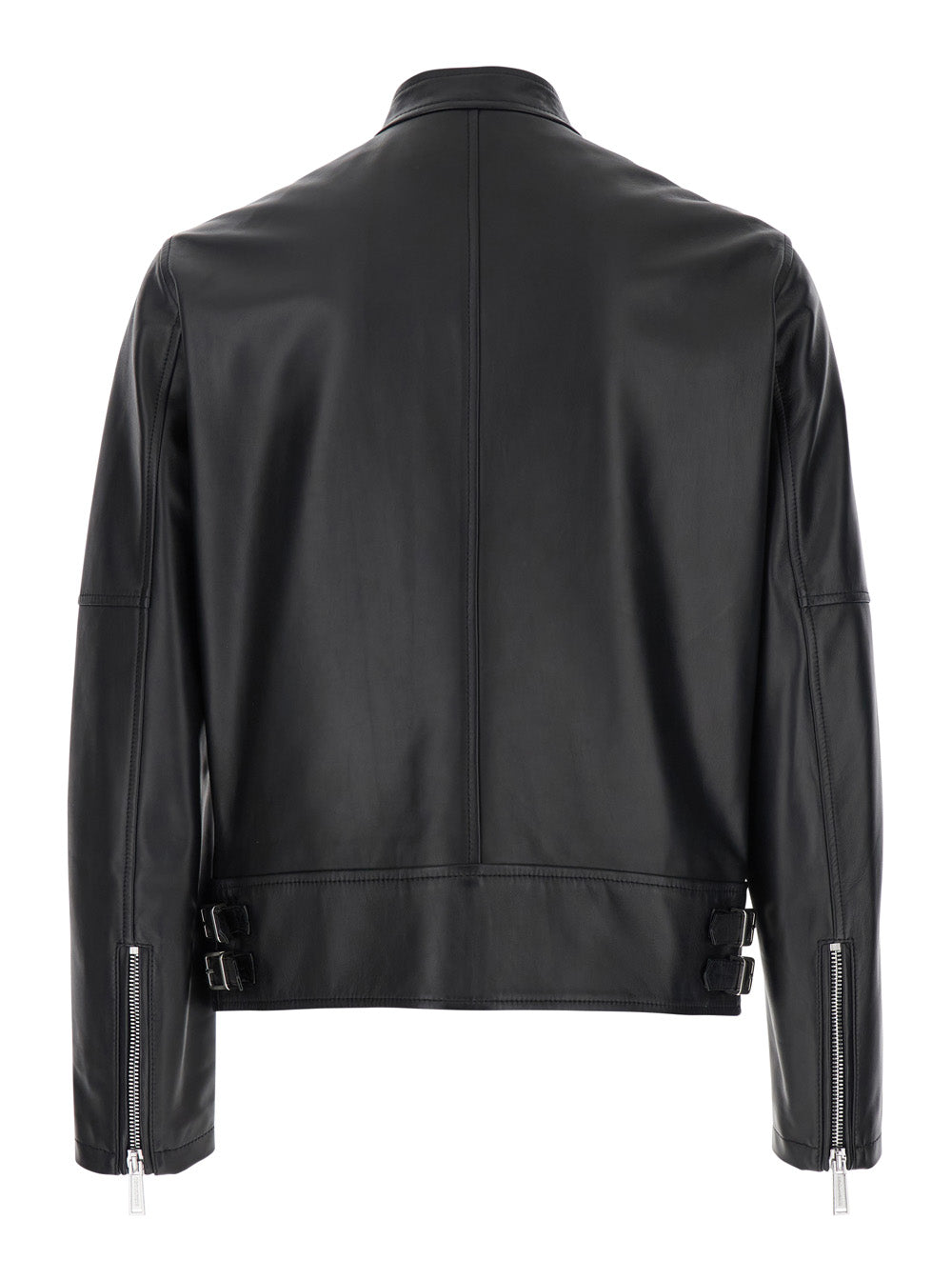 Black Biker Jacket With Mandarin Collar And Waist Straps Leather Man Polyvinyl Chloride