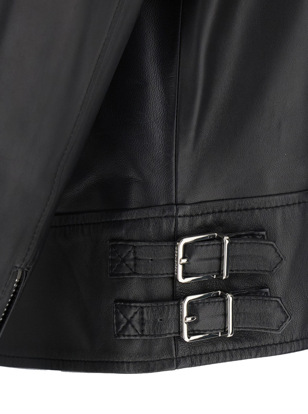 Black Biker Jacket With Mandarin Collar And Waist Straps Leather Man Polyvinyl Chloride