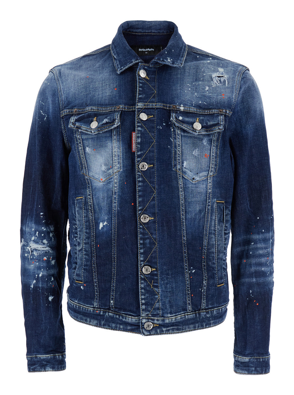 Dan Blue Jacket with Classic Collar and All-Over Painted Details in Denim Man Blu Cotton Elastane Outerwear