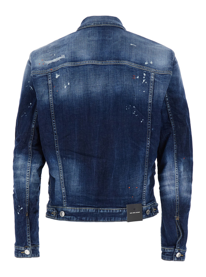 Dan Blue Jacket with Classic Collar and All-Over Painted Details in Denim Man Blu Cotton Elastane Outerwear