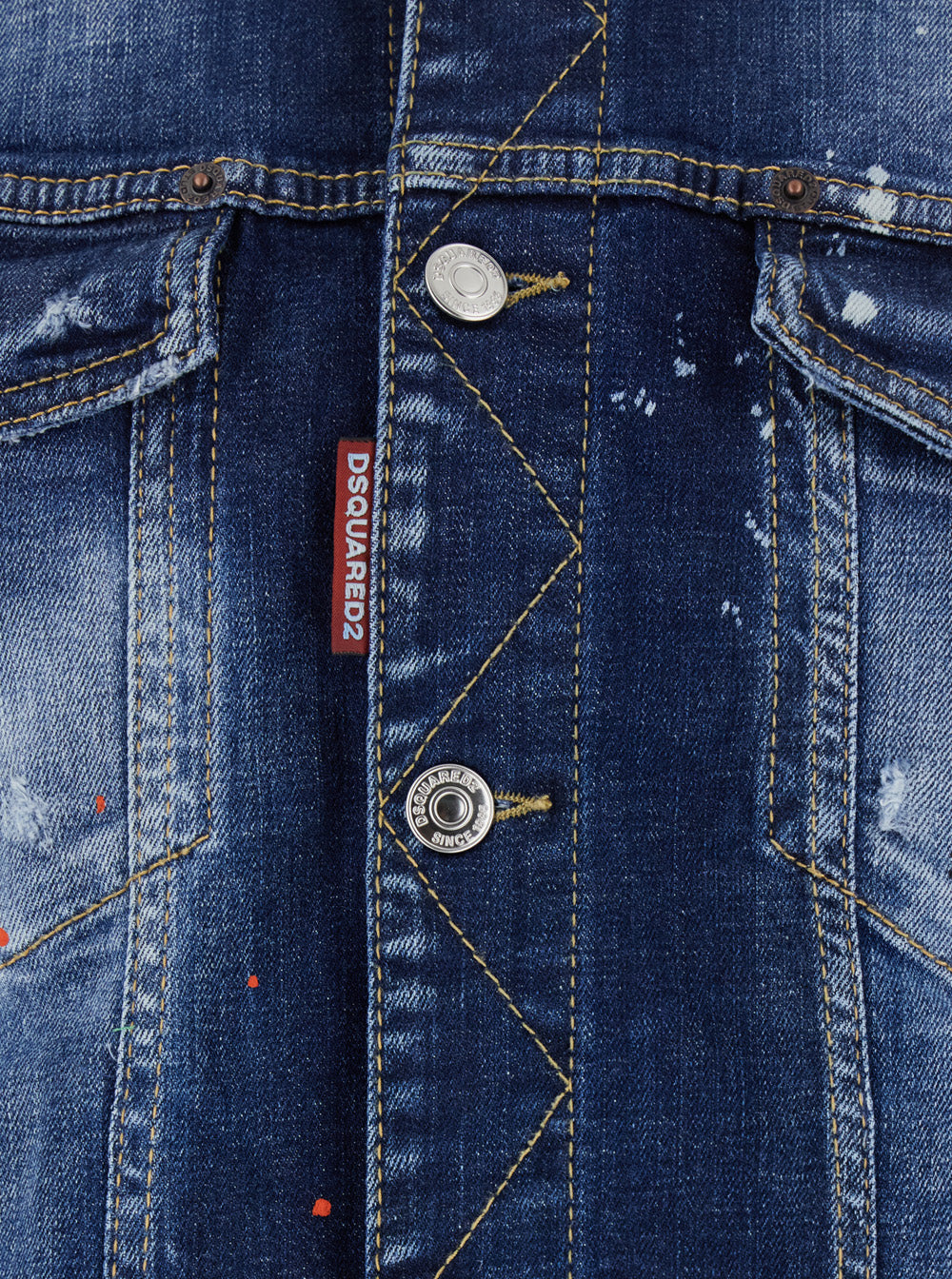 Dan Blue Jacket with Classic Collar and All-Over Painted Details in Denim Man Blu Cotton Elastane Outerwear