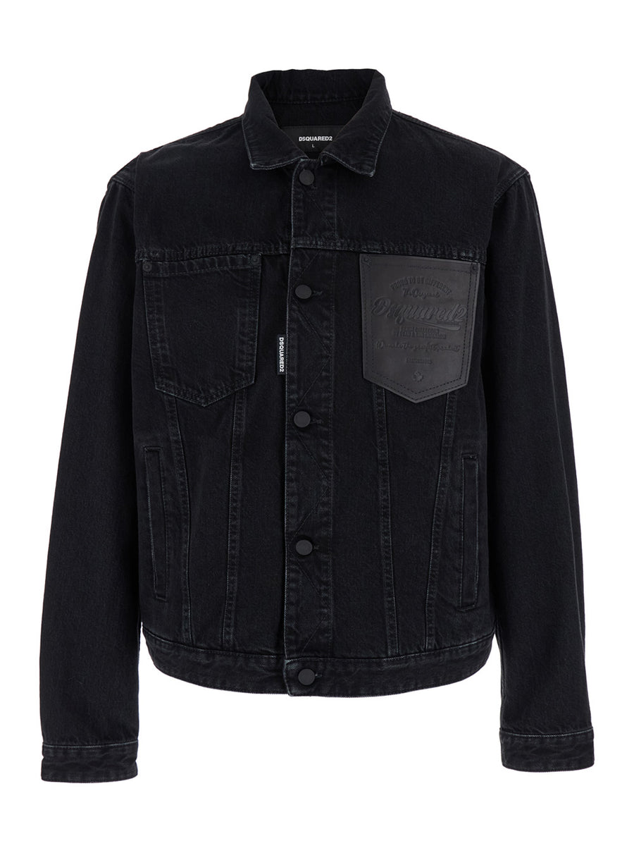 Black Denim Jacket With Classic Collar Cotton Coat