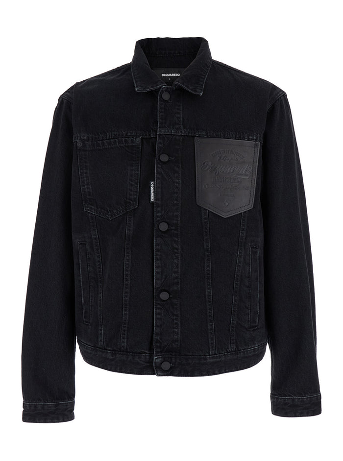 Black Jacket with Classic Collar and Embossed Logo on the Front in Denim Man Cotton Outerwear
