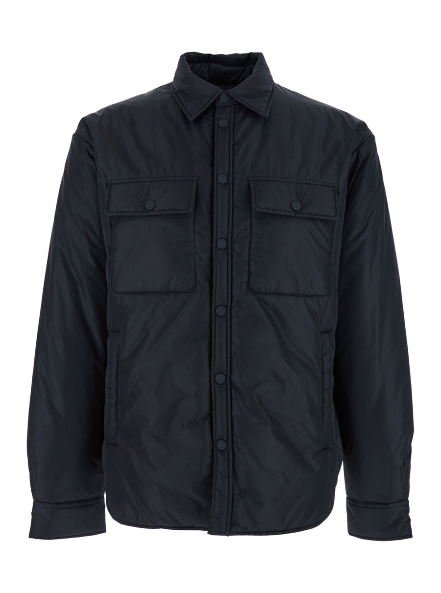Black Jacket With Classic Collar And Logo Print Polyamide Coat