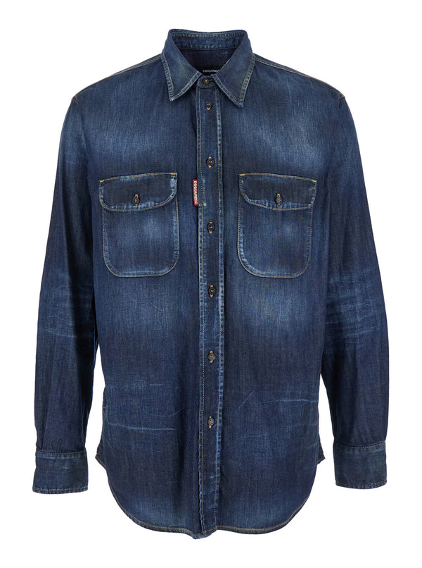 Blue Denim Shirt With Elbow Patches Cotton