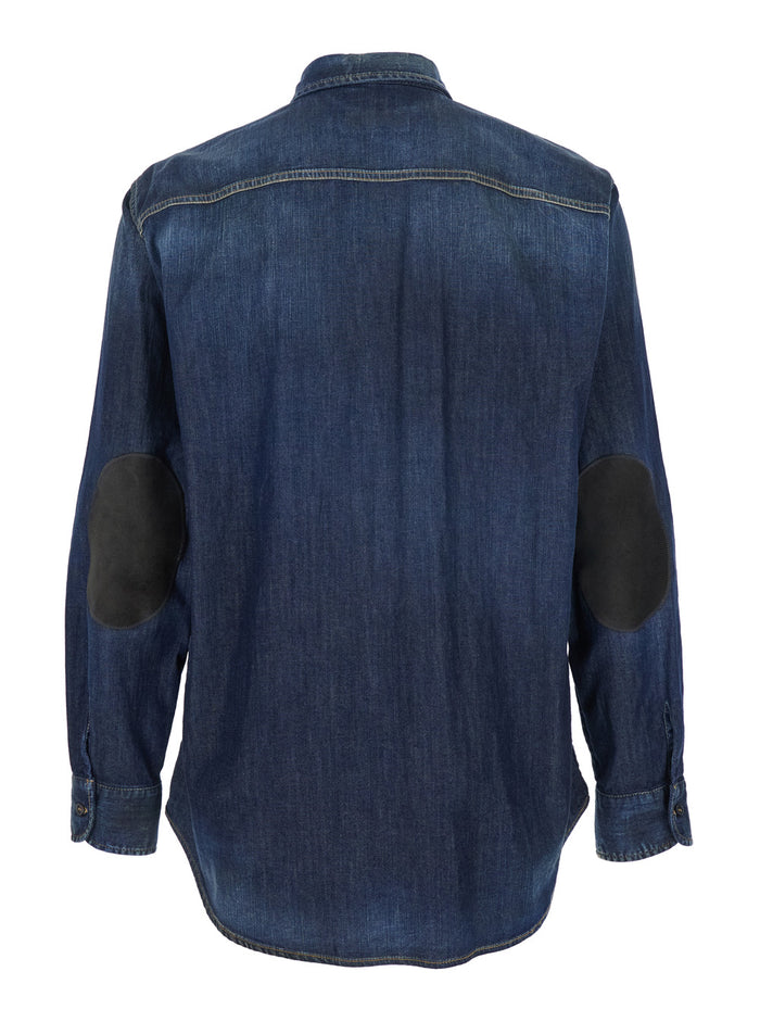 Blue Shirt with Pointed Collar and Elbow Patches in Denim Man Blu Cotton Elastane Blouses