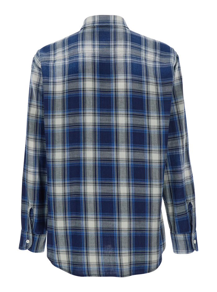Blue Shirt with Classic Collar and All-Over Check Motif in Cotton Man Blu Blouses
