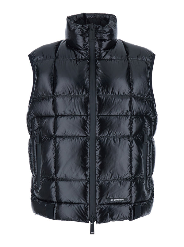 Black Sleeveless Down Jacket With High Neck Polyamide Padded &