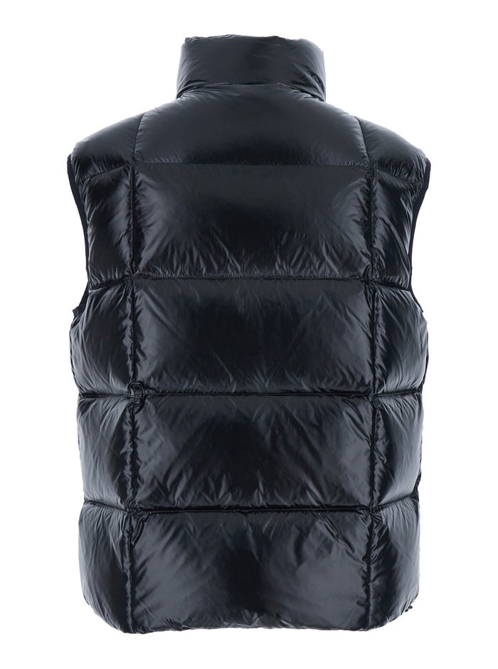 Black Sleeveless Down Jacket with High Neck and Logo Patch on the Front in Tech Fabric Man Polyamide