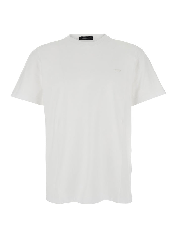 White Crewneck T-Shirt with Patch Logo on the Front in Cotton Man Tshirts And Polo Shirts