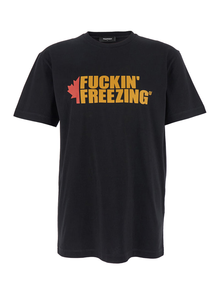 Black Crewneck T-Shirt with Print on the Front and Logo Lettering Rear in Cotton Man Tshirts Polo Shirts