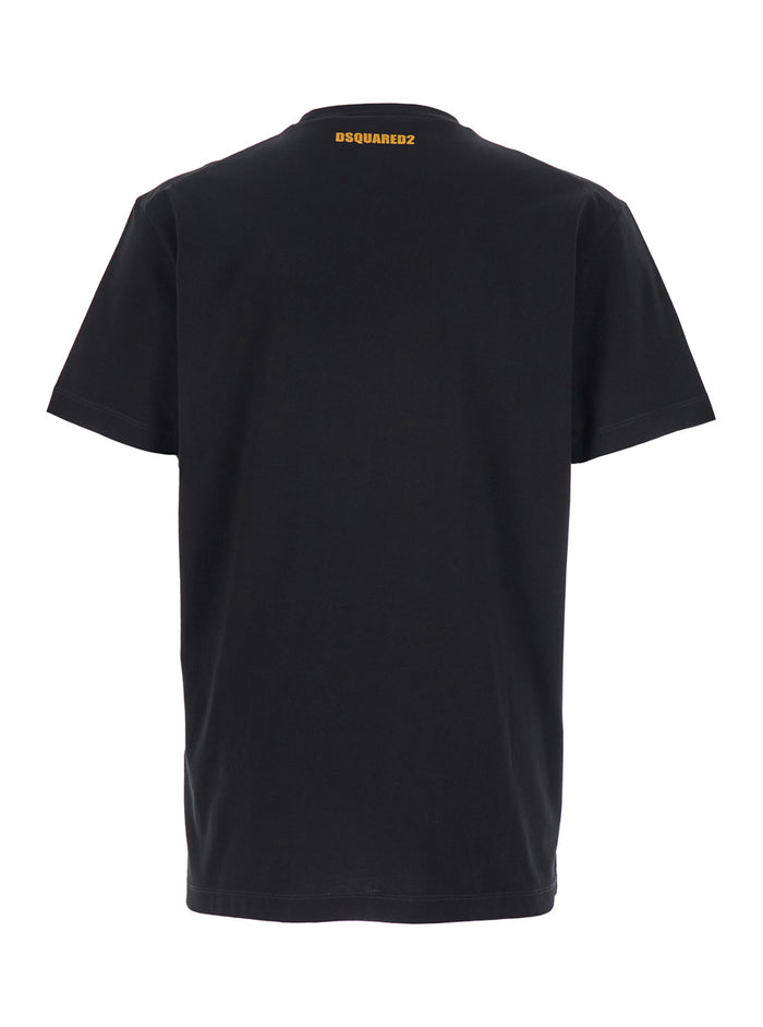 Black Crewneck T-Shirt with Print on the Front and Logo Lettering Rear in Cotton Man Tshirts Polo Shirts