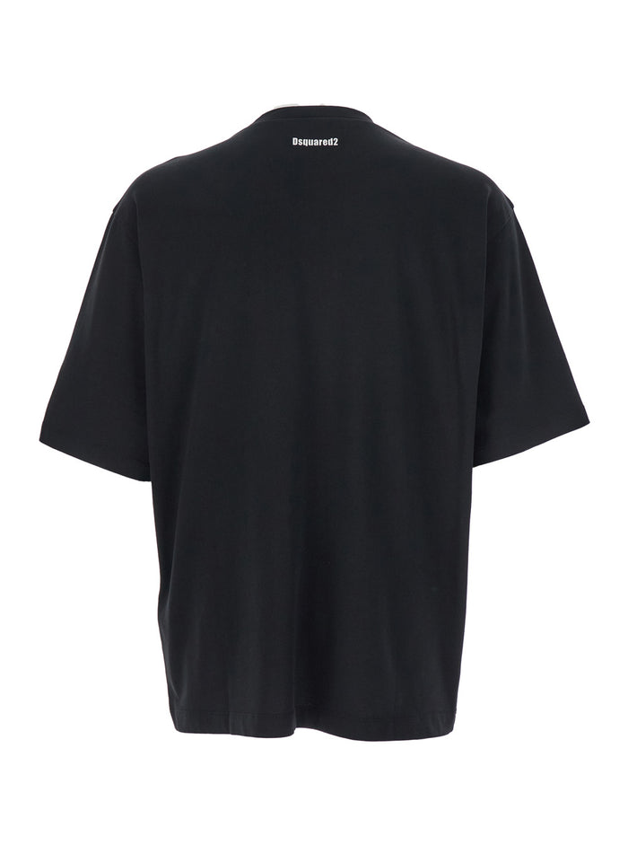 Black Crewneck T-Shirt with Maxi Logo Lettering on the Front in Cotton Man Tshirts And Polo Shirts