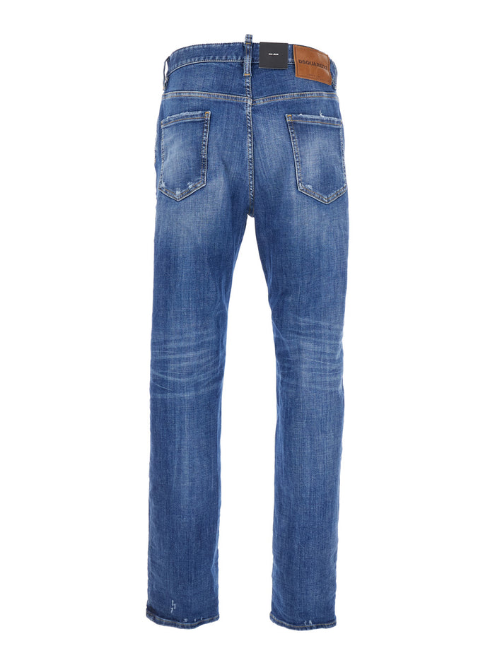 Blue Jeans with Ripped Details and Logo Patch on the Rear in Denim Man Blu Cotton Polyester Elastane