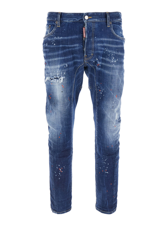 Tidy Biker Blue Jeans with Paint Embellishments and Logo Patch on the Rear in Denim Man Blu Cotton Elastane