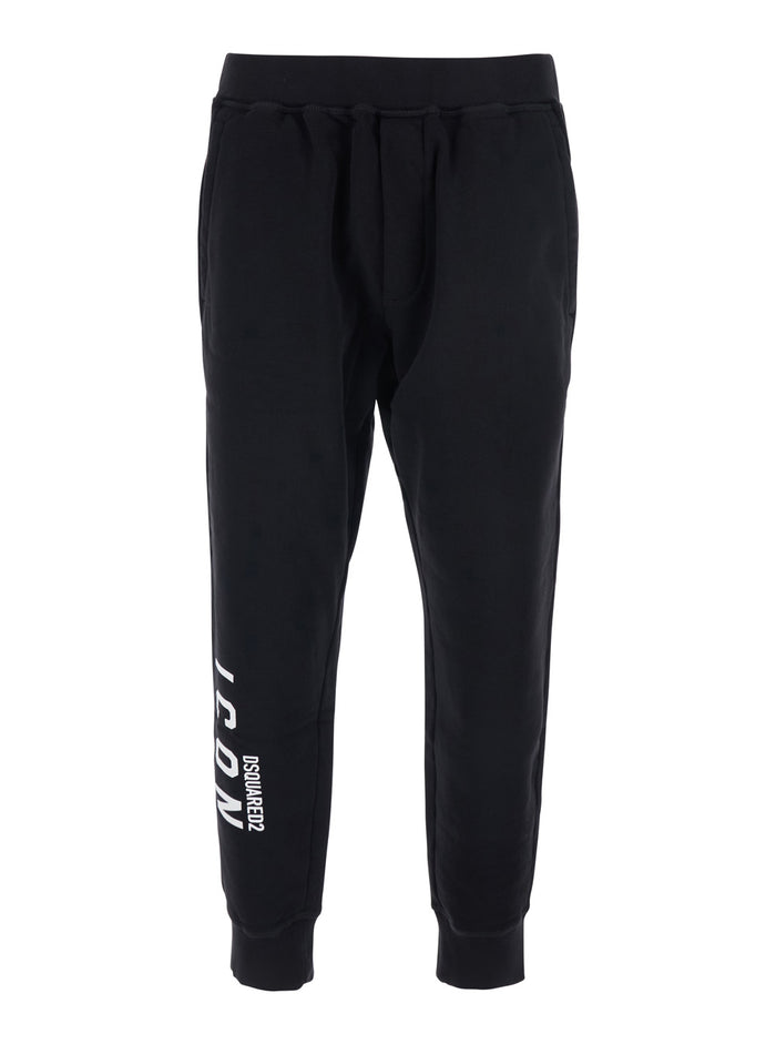 Black Pants with Elastic Waist and Logo Lettering on the Leg in Cotton Man Trousers