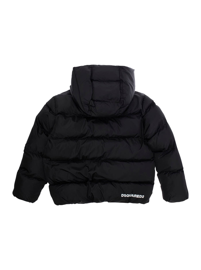 Black Down Jacket With Hood And Back Logo Techn Fabric Boy Polyamide