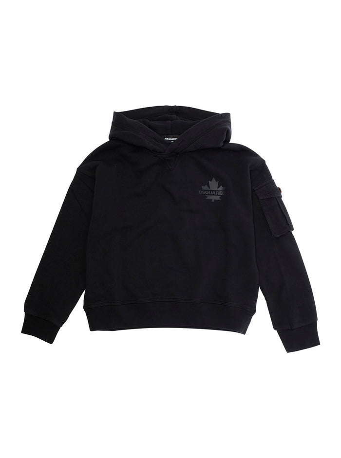 Black Hoodie With Fixed Hood And Logo On The Front Cotton Boy Sweatshirts