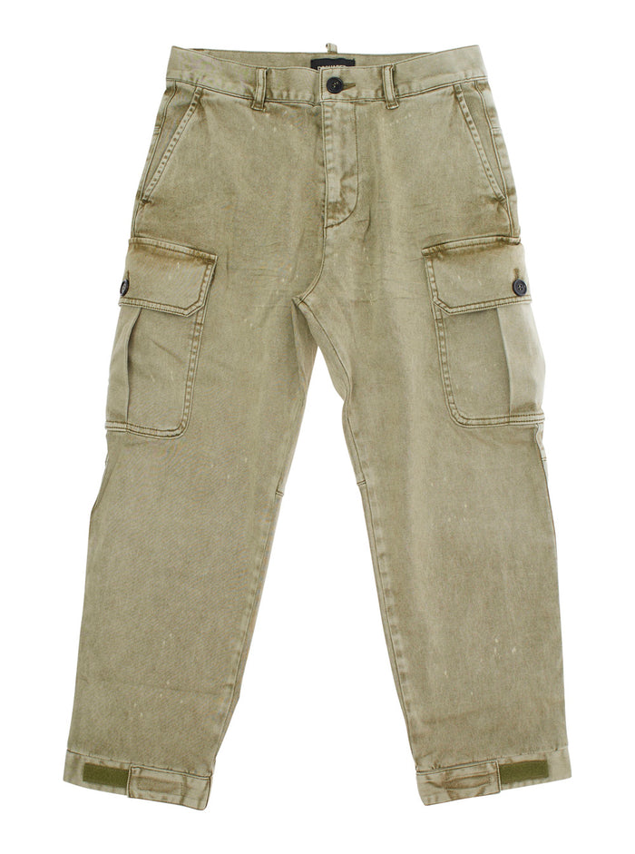 Green Cargo Pants With Back Logo Cotton Boy Elastane Trousers