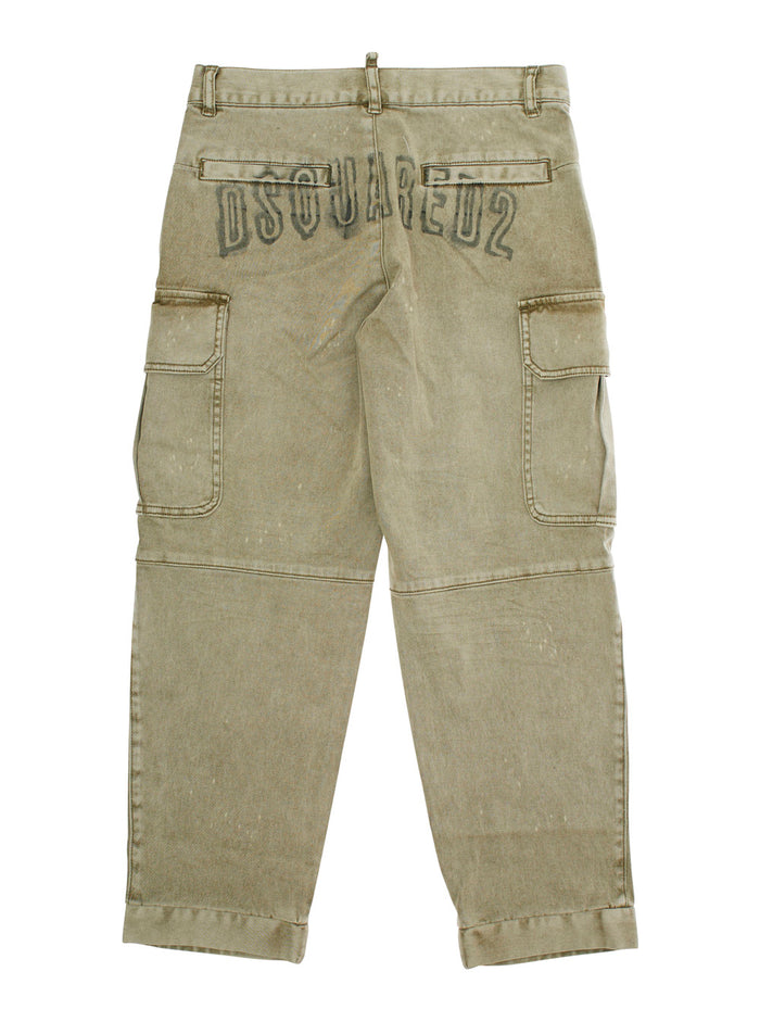 Green Cargo Pants With Back Logo Cotton Boy Elastane Trousers