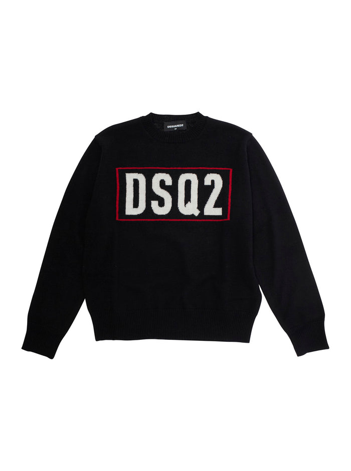 Black Crew Neck Sweater With Logo Lettering On The Front Wool Boy Jersey