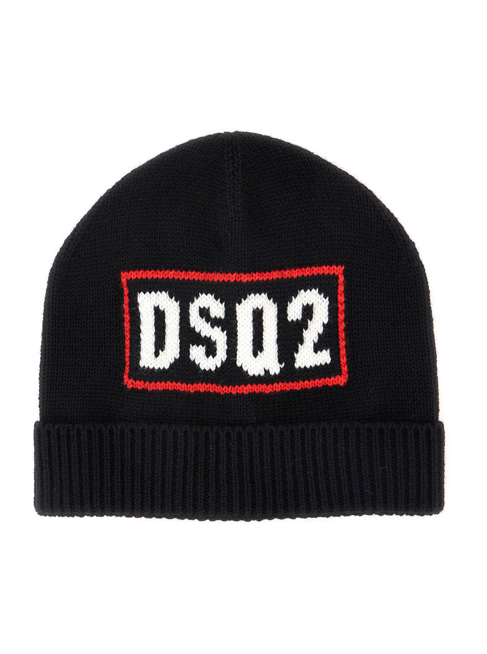 Black Beanie With Logo Embroidery On The Front Wool And Cotton Blend Boy Hats Gloves