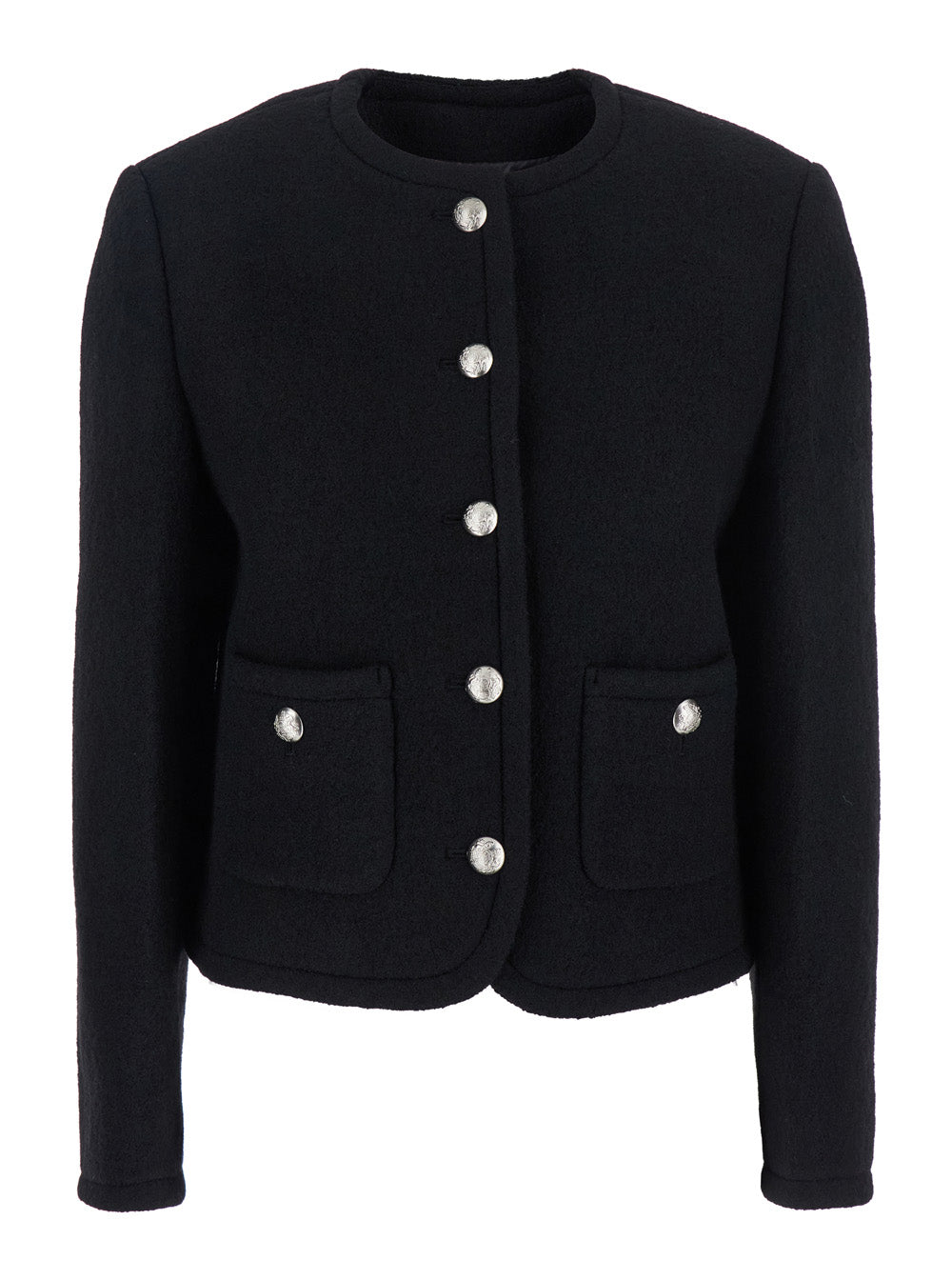 Black Jacket with Button Closure and Front Pockets in Tweed Woman Wool Blazers