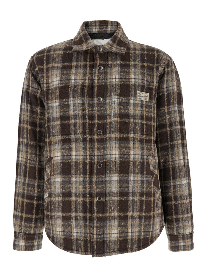 Brown Checkered Shirt with Front Logo Patch in Flannel Man Polyester And Blouses