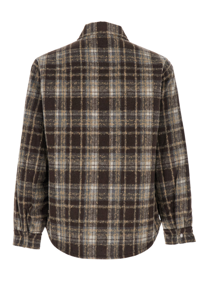 Brown Checkered Shirt with Front Logo Patch in Flannel Man Polyester And Blouses
