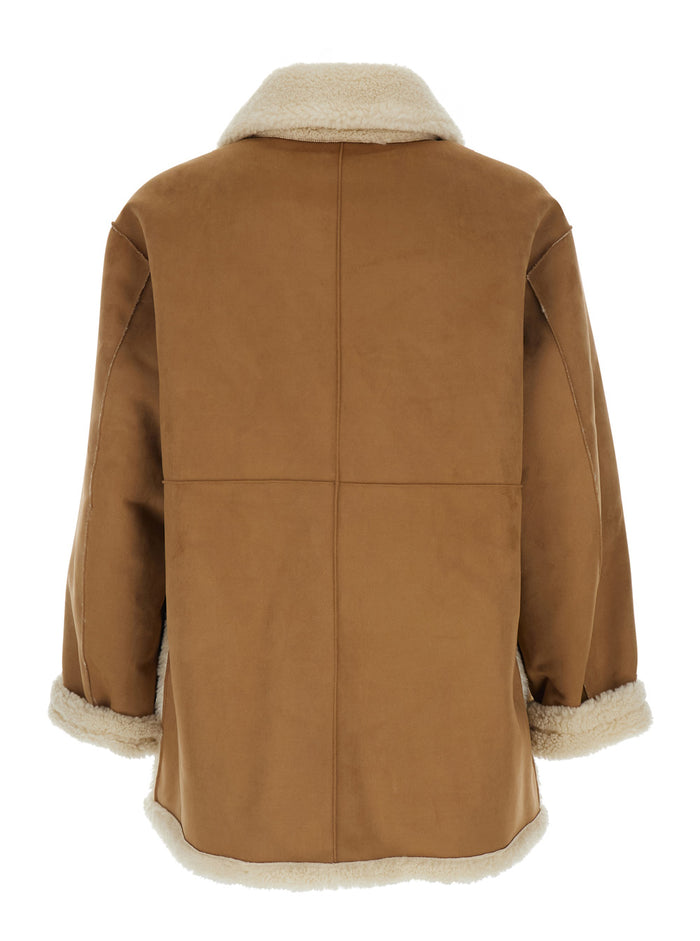 Beige Reversible Shearling Jacket with Classic Collar and Two Front Patch Pockets in Ecofur Man Polyester Furs