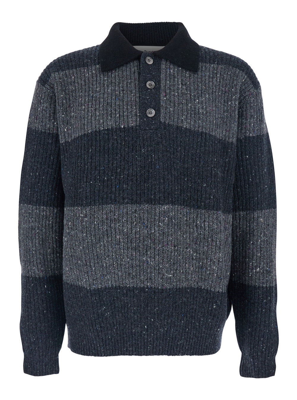 Grey Polo Shirt with Ribbed Design and Striped Motif in Wool Man Polyester Nylon Jersey