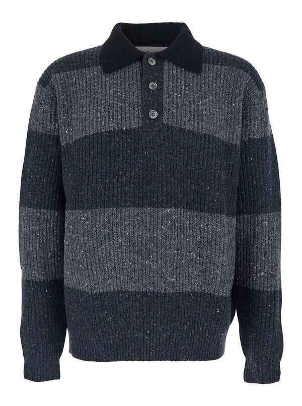 Grey Polo Shirt With Striped Motif Wool