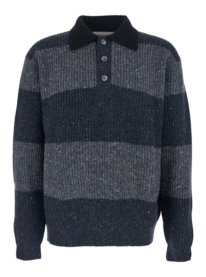 Grey Polo Shirt with Ribbed Design and Striped Motif in Wool Man Polyester Nylon Jersey