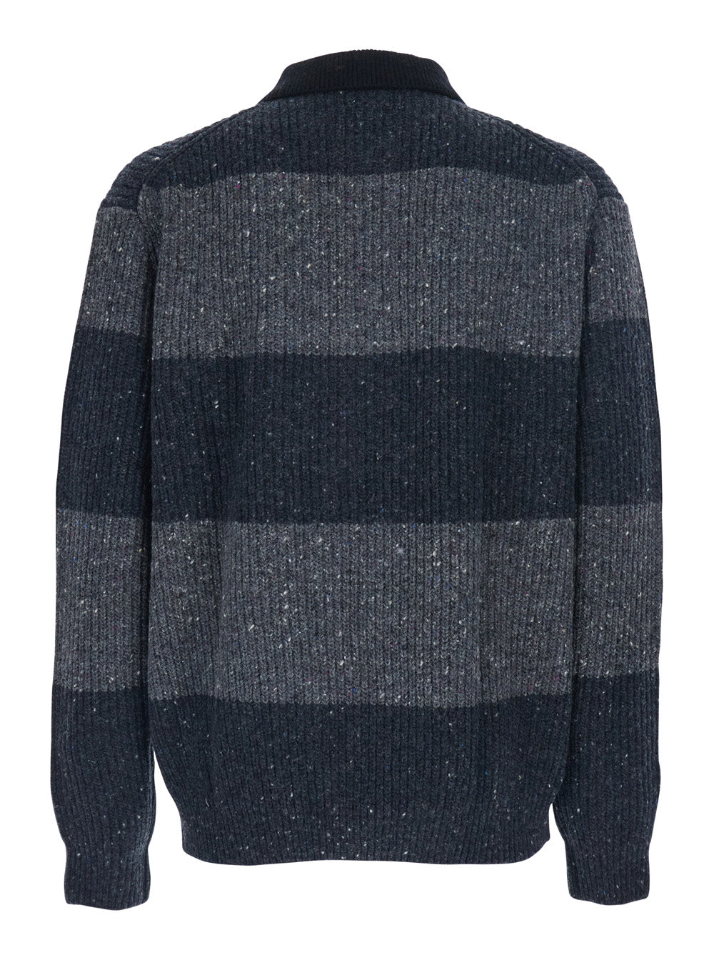 Grey Polo Shirt with Ribbed Design and Striped Motif in Wool Man Polyester Nylon Jersey