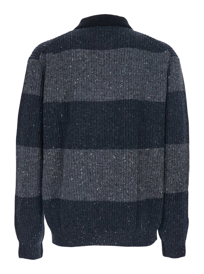 Grey Polo Shirt with Ribbed Design and Striped Motif in Wool Man Polyester Nylon Jersey