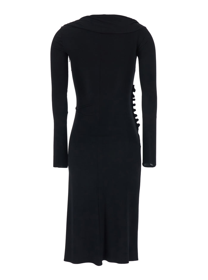 Black Draped Dress with Asymmetric Hem and V Neck in Viscose Stretch Woman Elastan