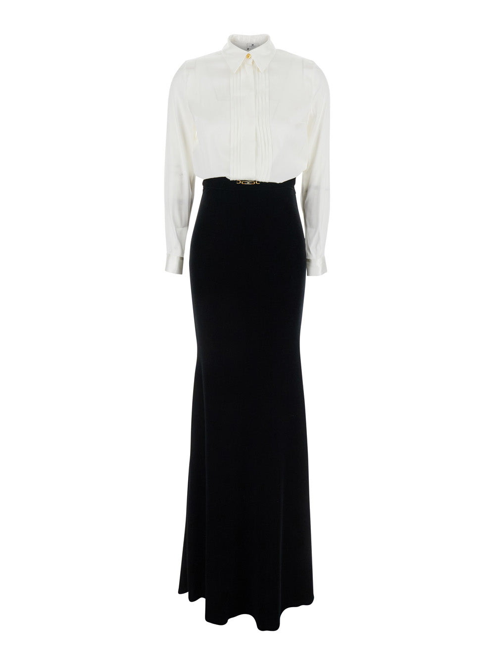 White and Black Long Dress with Metallic Detail Skirt Design in Fabric Woman White/black