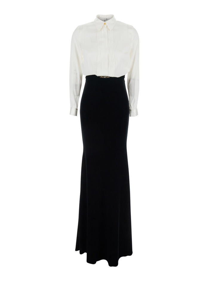 White and Black Long Dress with Metallic Detail Skirt Design in Fabric Woman White/black