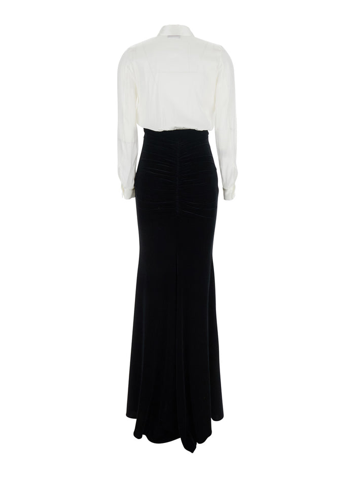 White and Black Long Dress with Metallic Detail Skirt Design in Fabric Woman White/black