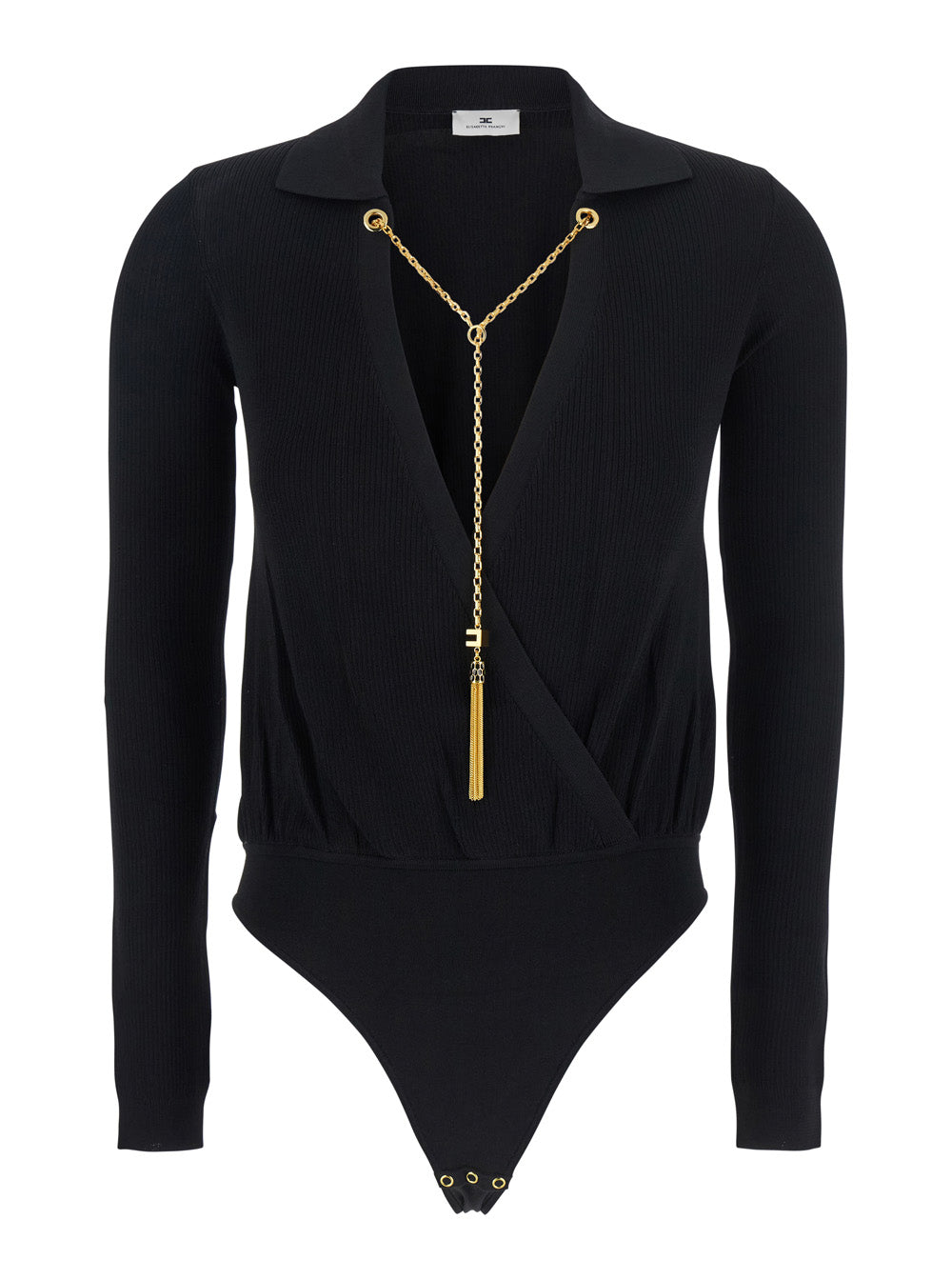 Black Wraparound Bodysuit with Chain Embellishment on the Front in Viscose Blend Woman Polyamide Silk Tops