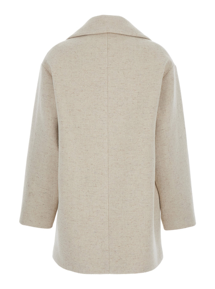 White Coat with Wide Lapels and Logo Printed on the Side in Wool Silk Blend Woman Virgin Polyamide Outerwear