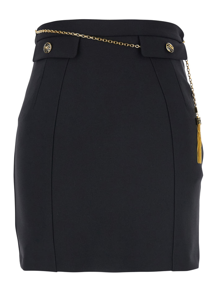 Black Skirt With Metallic Pendant And Patch Pockets Fabric Woman