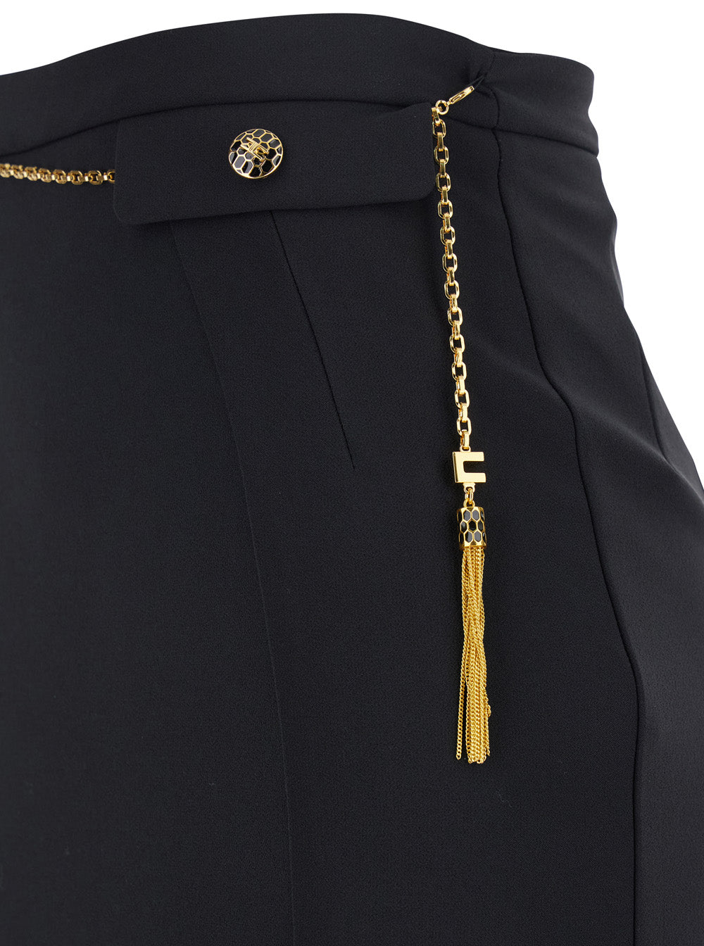 Black Skirt With Metallic Pendant And Patch Pockets Fabric Woman