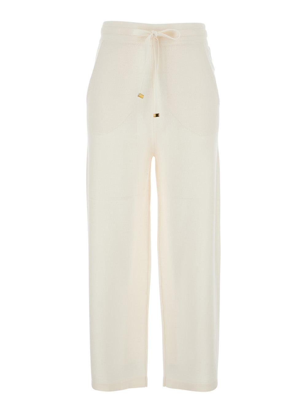 White Pants with Elasticated Waist Drawstring in Fabric Woman Trousers