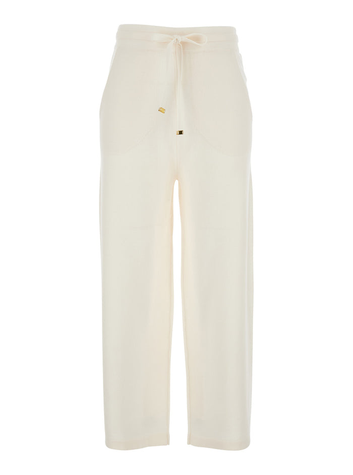 White Pants with Elasticated Waist Drawstring in Fabric Woman Trousers