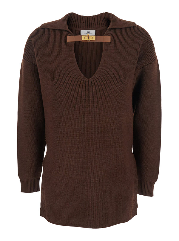 Brown Sweater With Polo Collar And Buckle Detail Wool