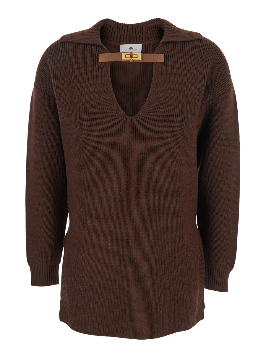 Brown Sweater With Polo Collar And Buckle Detail Wool