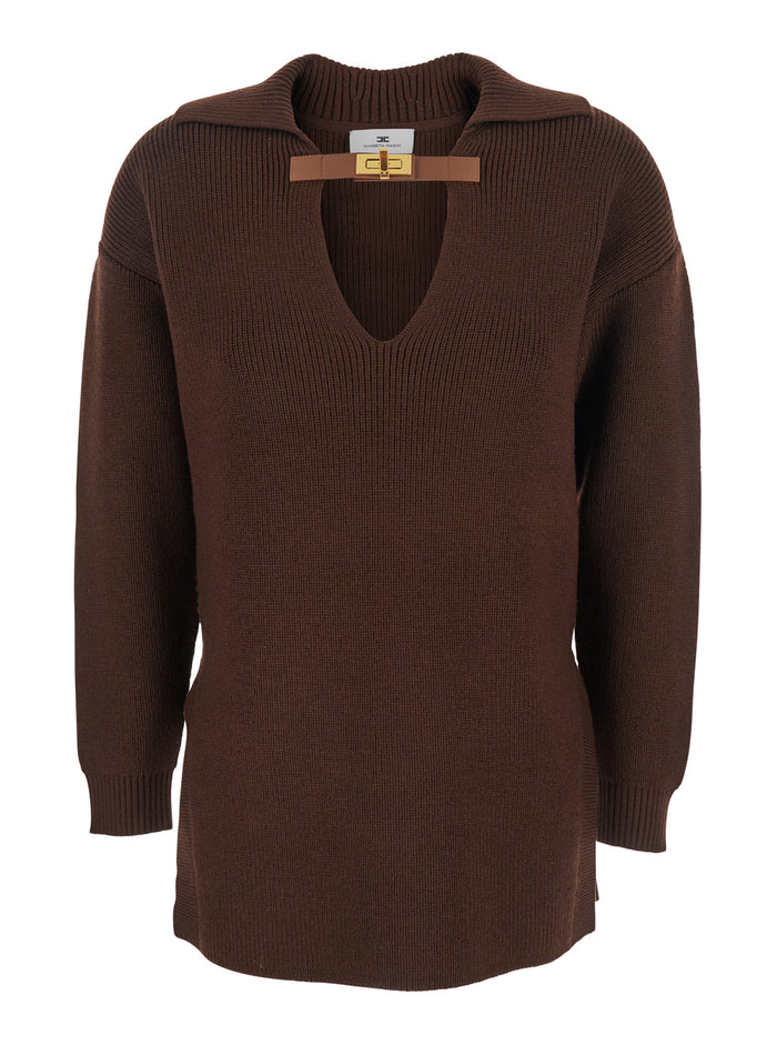Brown Sweater with Polo Shirt Style Collar and Buckle Detail on the Front in Wool Blend Woman Acrylic Jersey