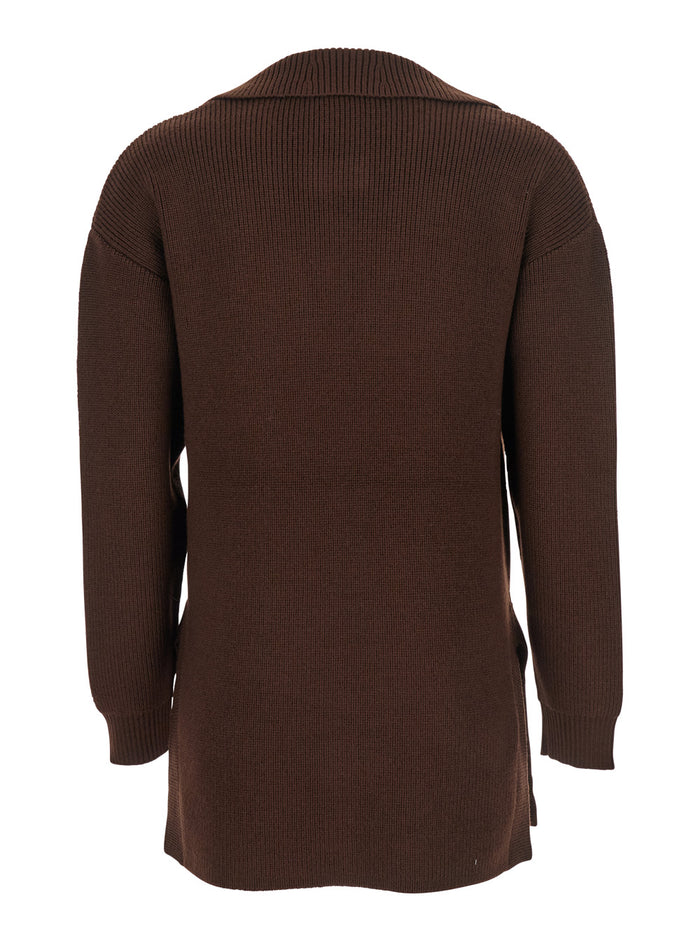 Brown Sweater with Polo Shirt Style Collar and Buckle Detail on the Front in Wool Blend Woman Acrylic Jersey